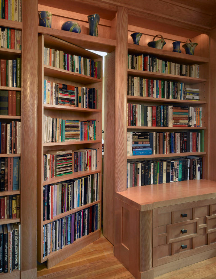Living room secret wooden door in wall